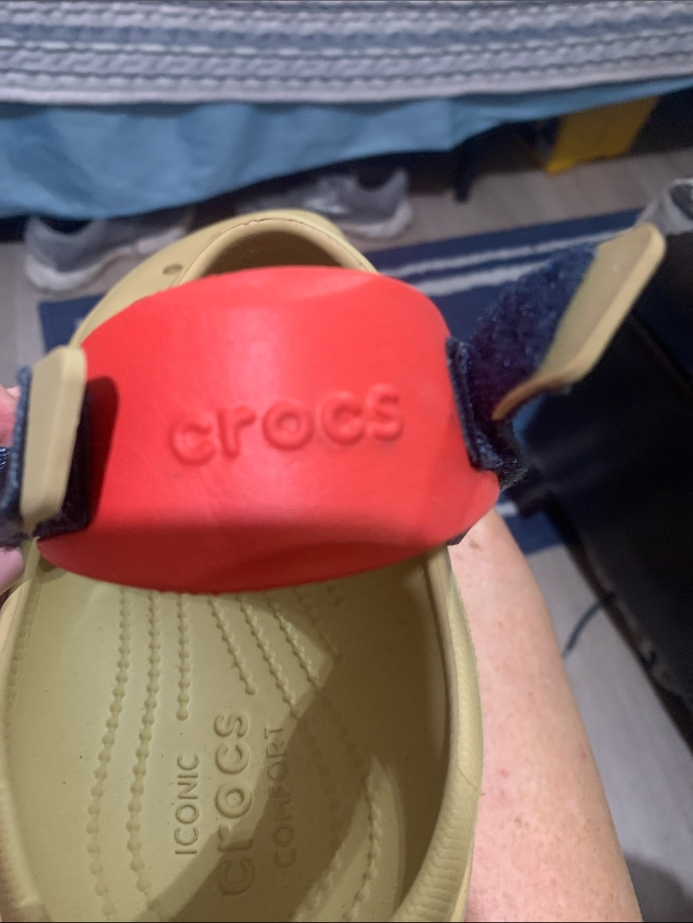 CROCS Tan Slip-On Clog with Navy Strap - Picture 2 of 5